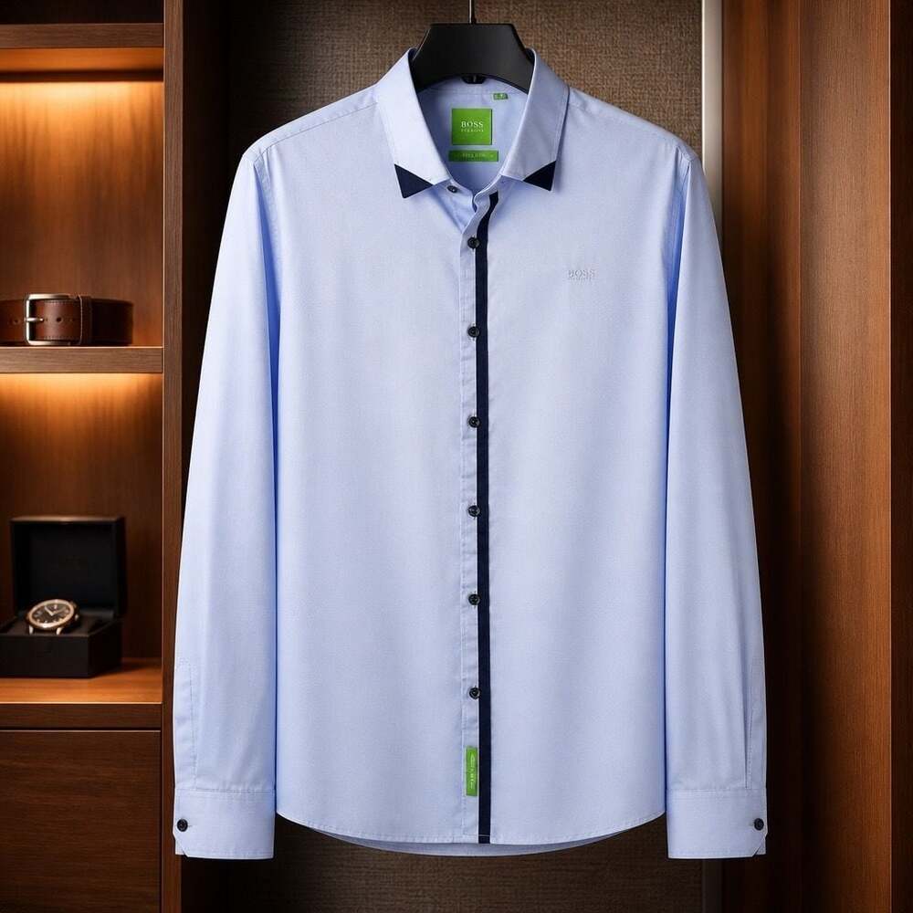Hugo Boss Men's Button-Up Dress Shirt with Contrast Trim and Logo Embroidery